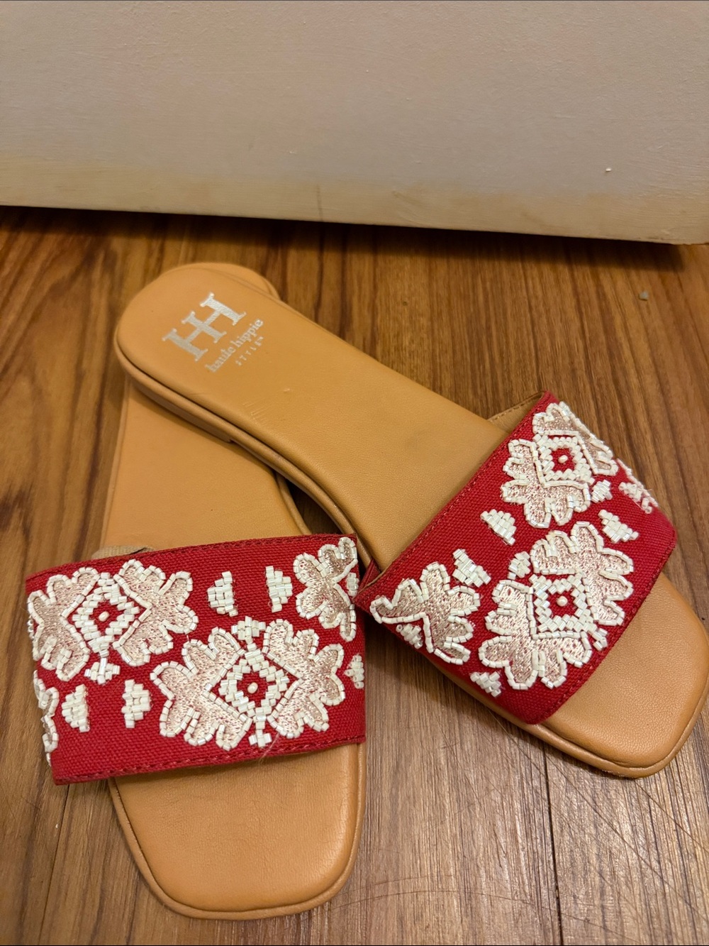 Haute Hippie Red & Cream Embroidered Slide Sandals